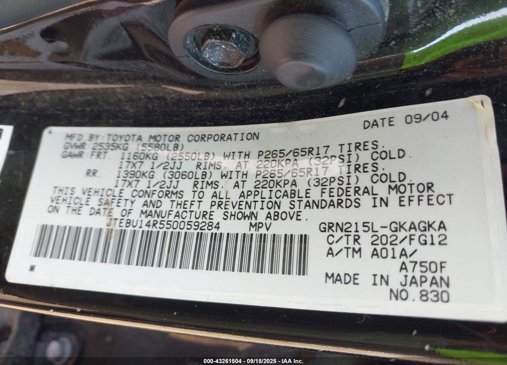 2005 TOYOTA 4RUNNER SR5 V6 VIN: JTEBU14R550059284