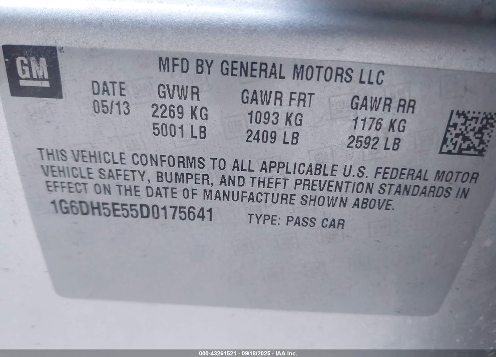 2013 CADILLAC CTS VIN: 1G6DH5E55D0175641