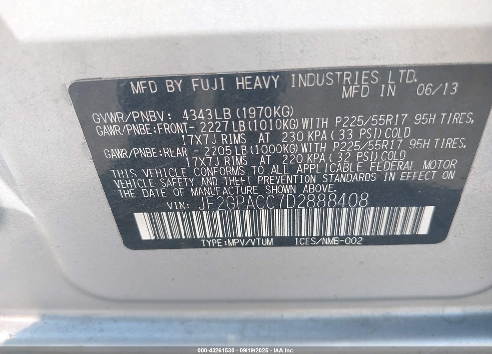 2013 SUBARU XV CROSSTREK VIN: JF2GPACC7D2888408