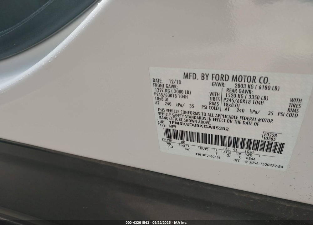 2019 FORD EXPLORER VIN: 1FM5K8D89KGA85392