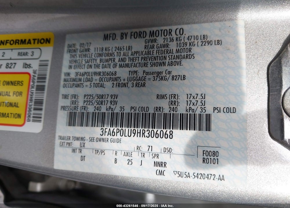 2017 FORD FUSION HYBRID SE VIN: 3FA6P0LU9HR306068