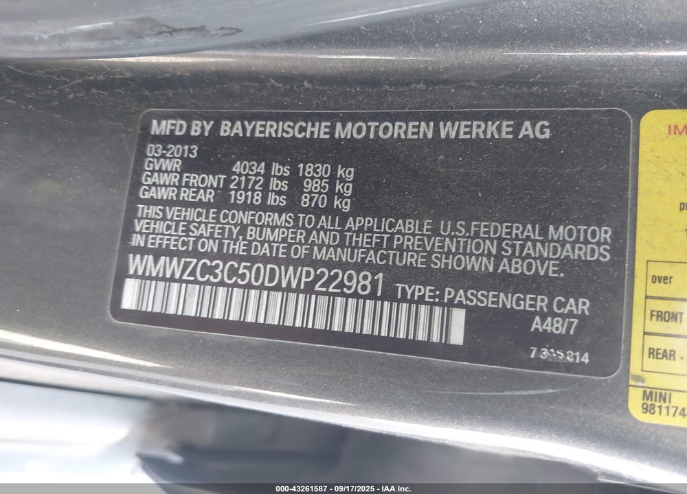 2013 MINI COUNTRYMAN VIN: WMWZC3C50DWP22981