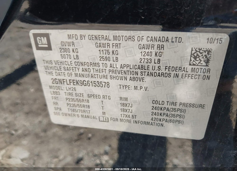 2016 CHEVROLET EQUINOX VIN: 2GNFLFEK9G6153578