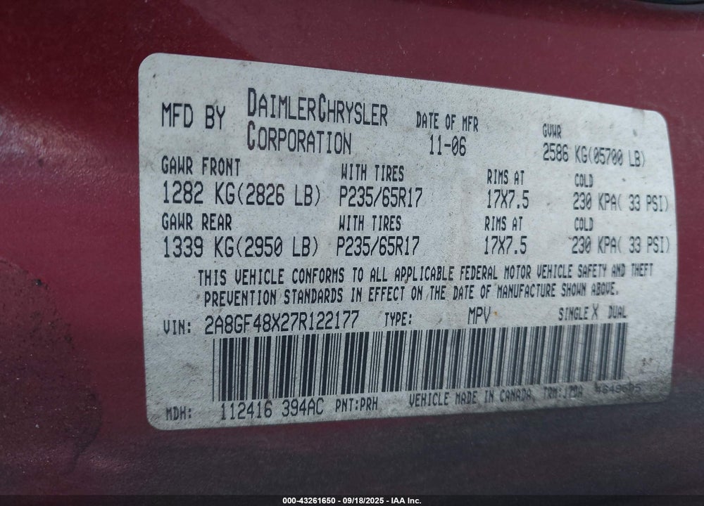 2007 CHRYSLER PACIFICA VIN: 2A8GF48X27R122177