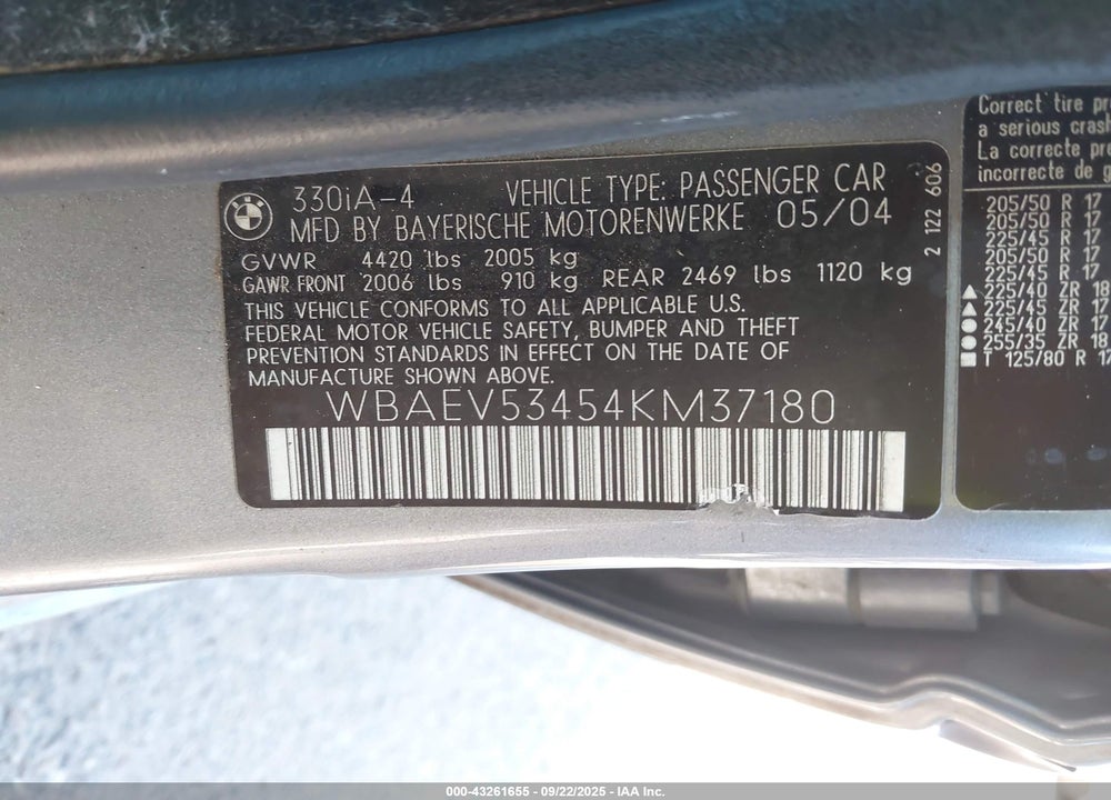 2004 BMW 330I VIN: WBAEV53454KM37180