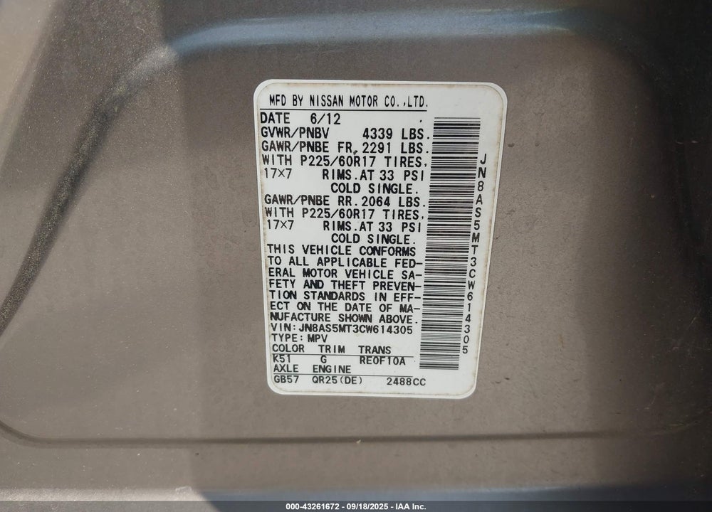 2012 NISSAN ROGUE VIN: JN8AS5MT3CW614305