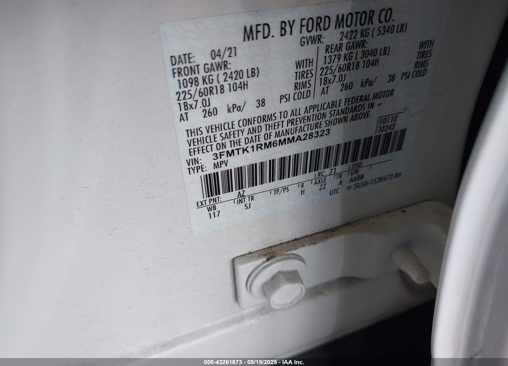 2021 FORD MUSTANG MACH-E SELECT VIN: 3FMTK1RM6MMA28323