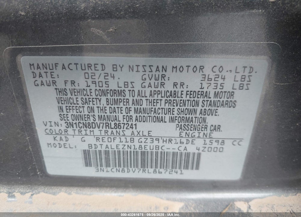 2024 NISSAN VERSA VIN: 3N1CN8DV7RL867241