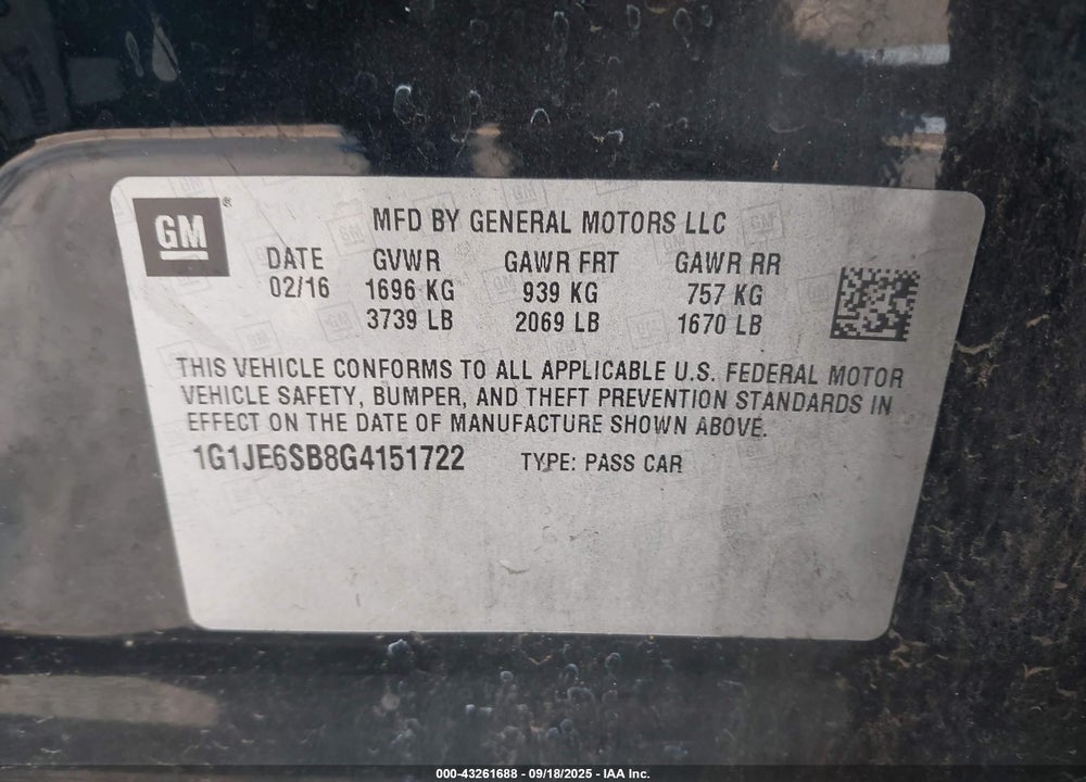 2016 CHEVROLET SONIC VIN: 1G1JE6SB8G4151722