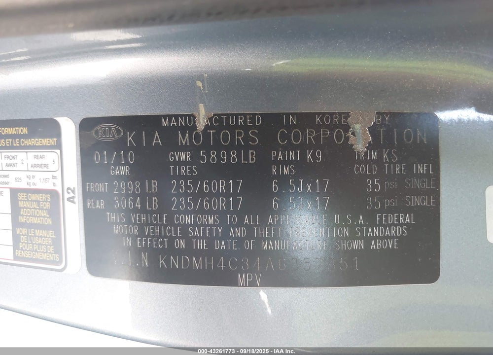 2010 KIA SEDONA VIN: KNDMH4C34A6357851