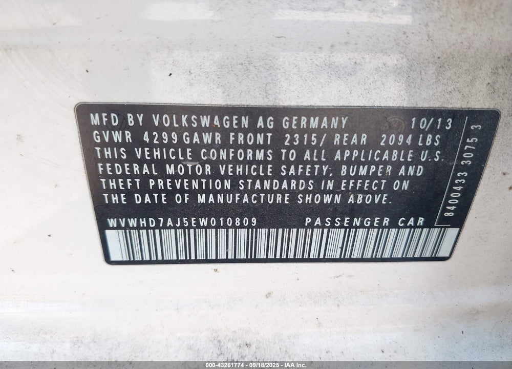 2014 VOLKSWAGEN GTI VIN: WVWHD7AJ5EW010809
