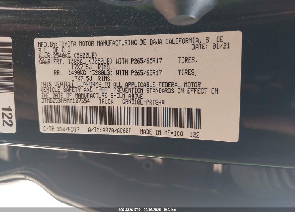 2021 TOYOTA TACOMA VIN: 3TMDZ5BN9MM107354