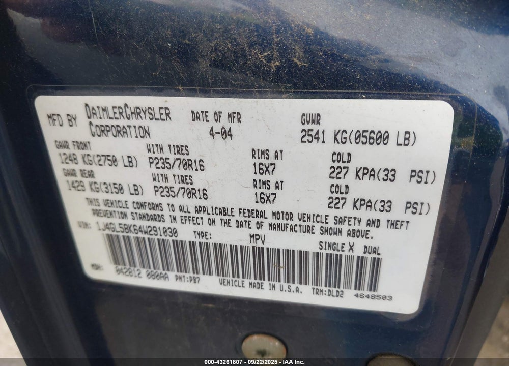 2004 JEEP LIBERTY LIMITED EDITION VIN: 1J4GL58K64W291030