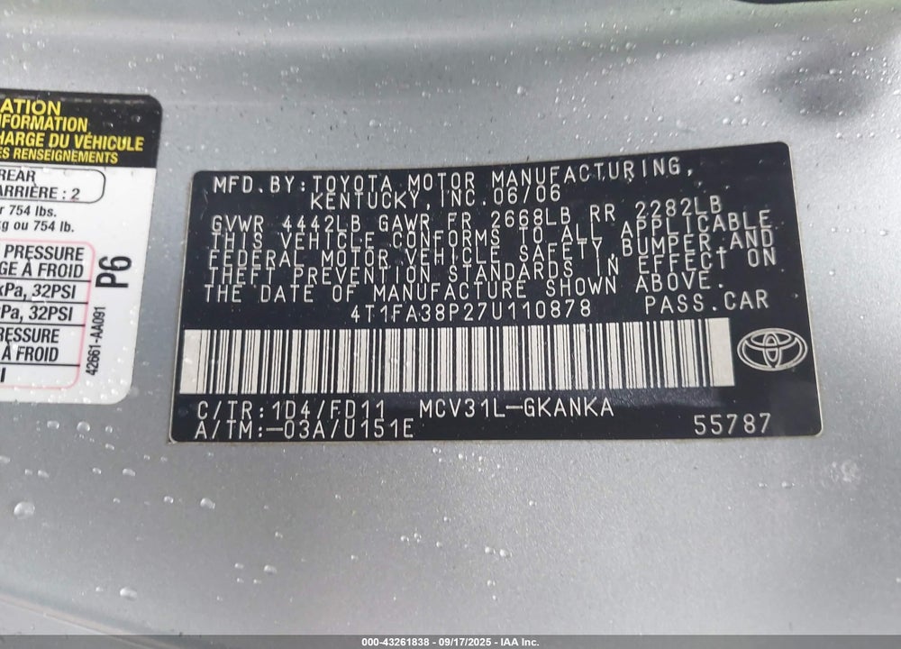 2007 TOYOTA CAMRY SOLARA SPORT VIN: 4T1FA38P27U110878