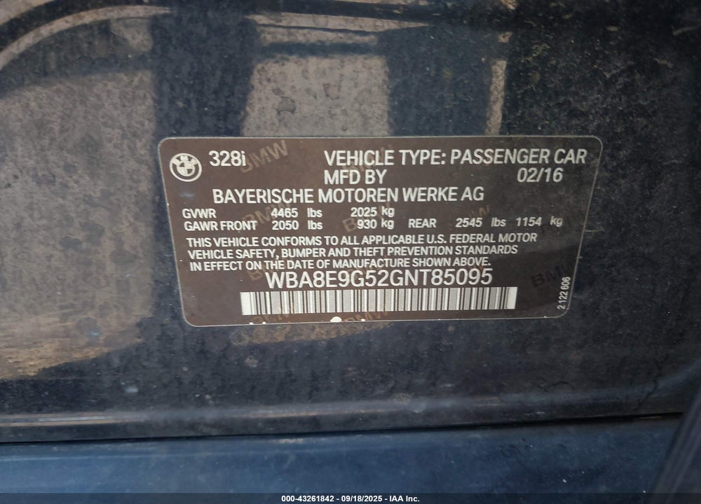 2016 BMW 3 SERIES VIN: WBA8E9G52GNT85095