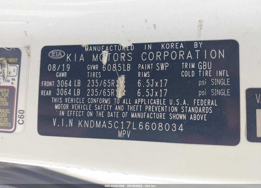 2020 KIA SEDONA VIN: KNDMA5C17L6608034