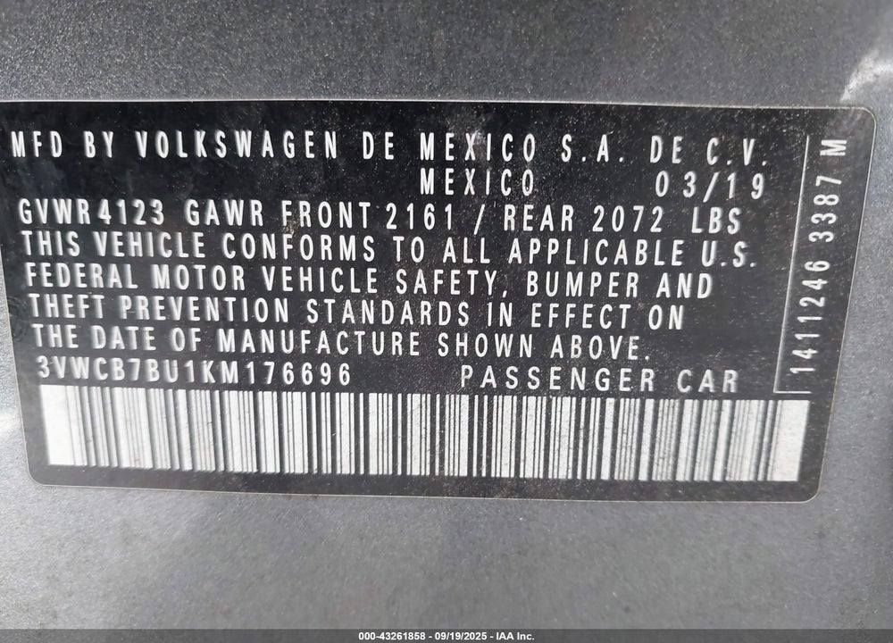2019 VOLKSWAGEN JETTA 1.4T R-LINE/1.4T S/1.4T SE VIN: 3VWCB7BU1KM176696