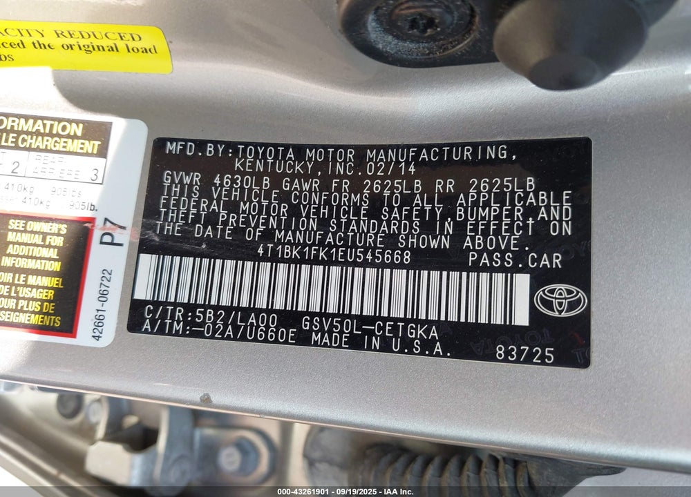 2014 TOYOTA CAMRY XLE V6 VIN: 4T1BK1FK1EU545668