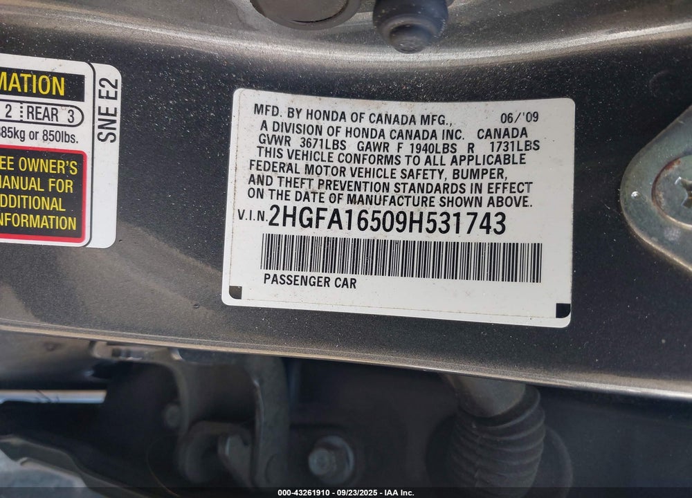 2009 HONDA CIVIC LX VIN: 2HGFA16509H531743
