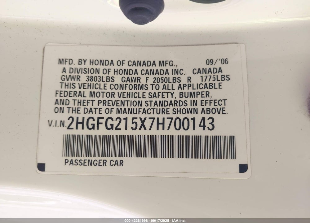 2007 HONDA CIVIC VIN: 2HGFG215X7H700143