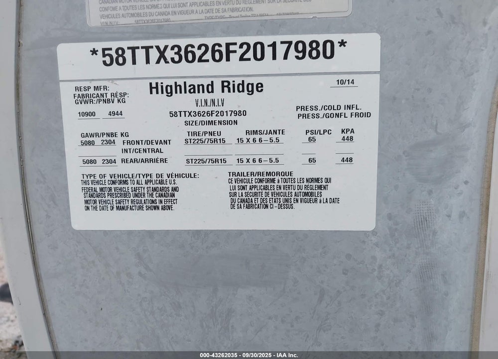2015 HIGHLAND RIDGE OPEN RANGE VIN: 58TTX3626F2017980