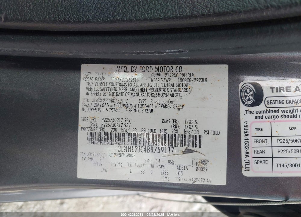 2011 LINCOLN MKZ VIN: 3LNHL2JC4BR759117