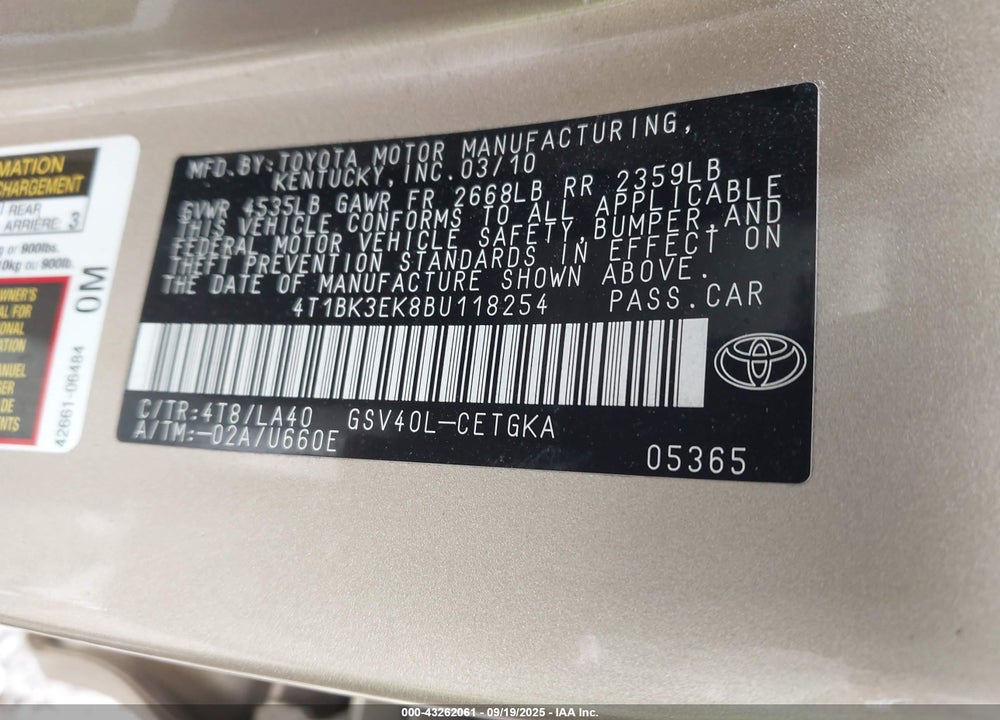 2011 TOYOTA CAMRY XLE V6 VIN: 4T1BK3EK8BU118254