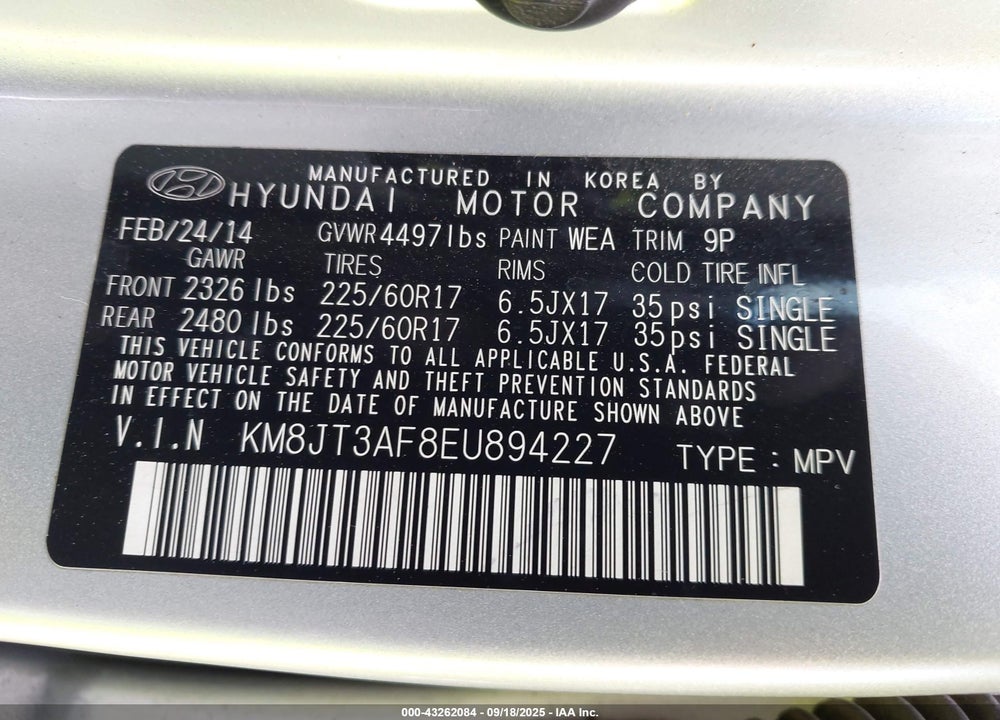 2014 HYUNDAI TUCSON VIN: KM8JT3AF8EU894227