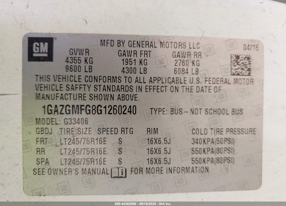 2016 CHEVROLET EXPRESS 3500 LT VIN: 1GAZGMFG8G1260240
