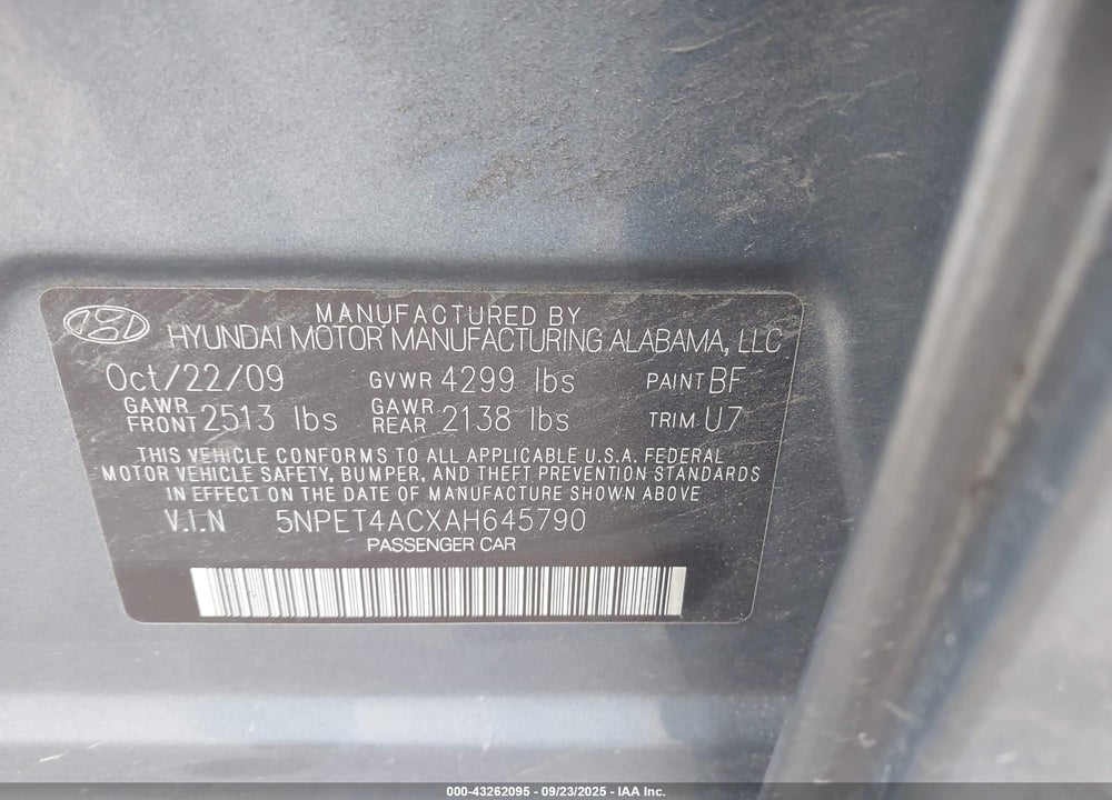 2010 HYUNDAI SONATA GLS VIN: 5NPET4ACXAH645790