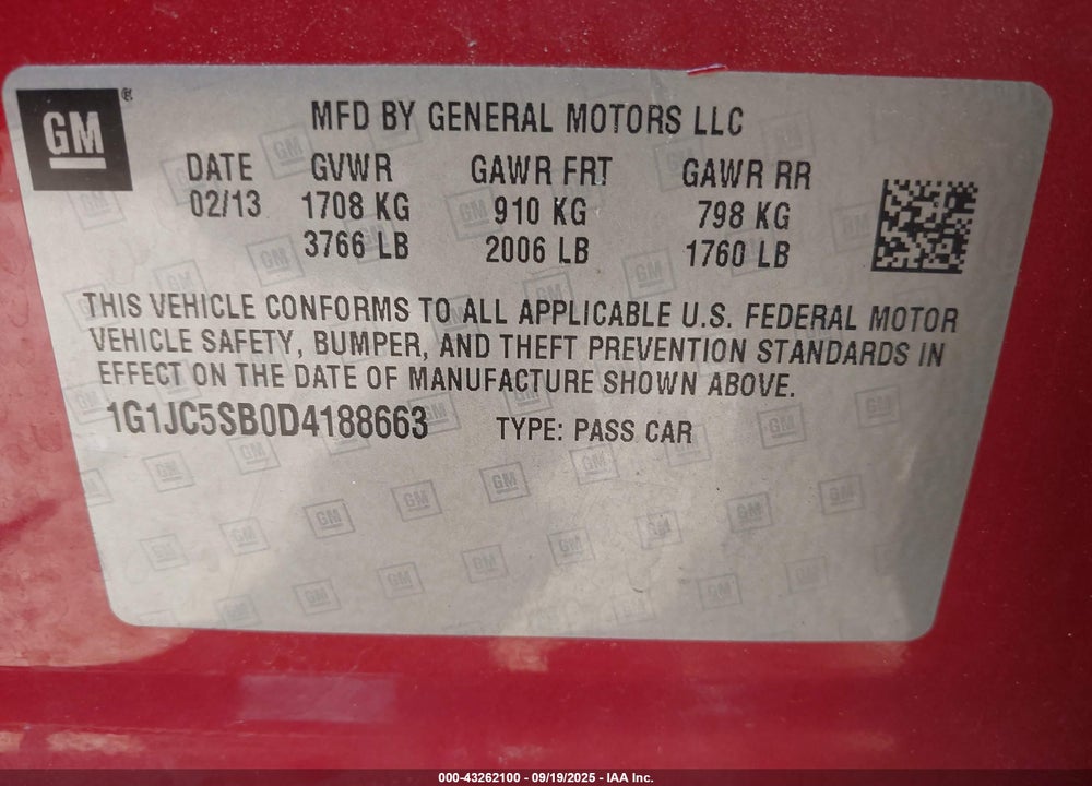 2013 CHEVROLET SONIC VIN: 1G1JC5SB0D4188663