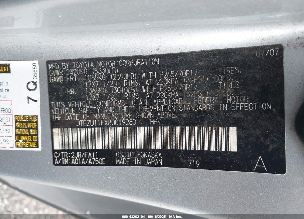 2008 TOYOTA FJ CRUISER VIN: JTEZU11FX80019280