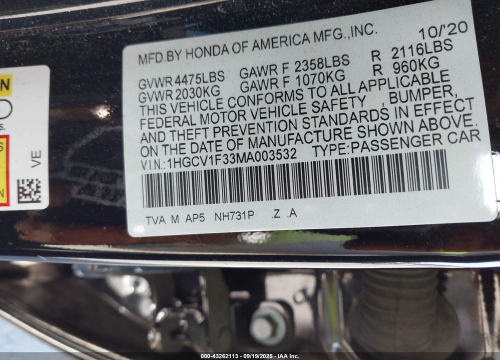 2021 HONDA ACCORD SPORT VIN: 1HGCV1F33MA003532