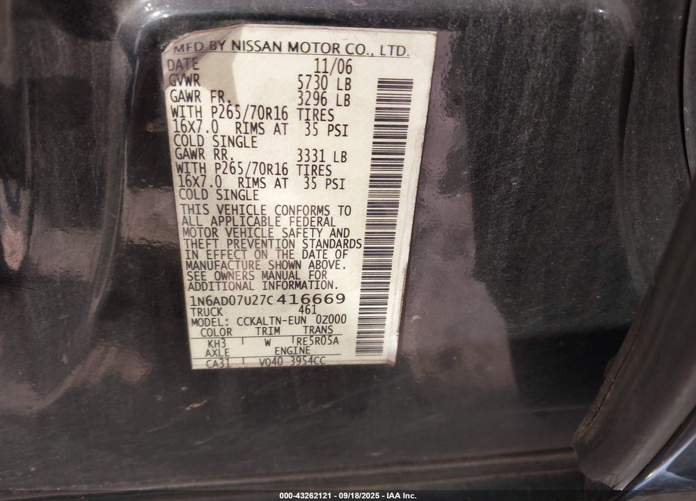 2007 NISSAN FRONTIER SE VIN: 1N6AD07U27C416669