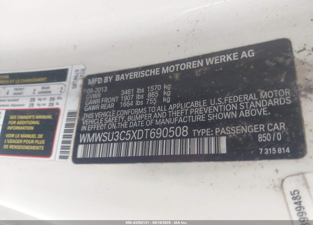 2013 MINI HARDTOP VIN: WMWSU3C5XDT690508