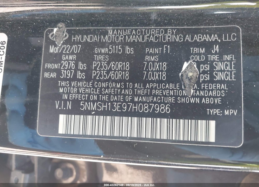 2007 HYUNDAI SANTA FE VIN: 5NMSH13E97H087986