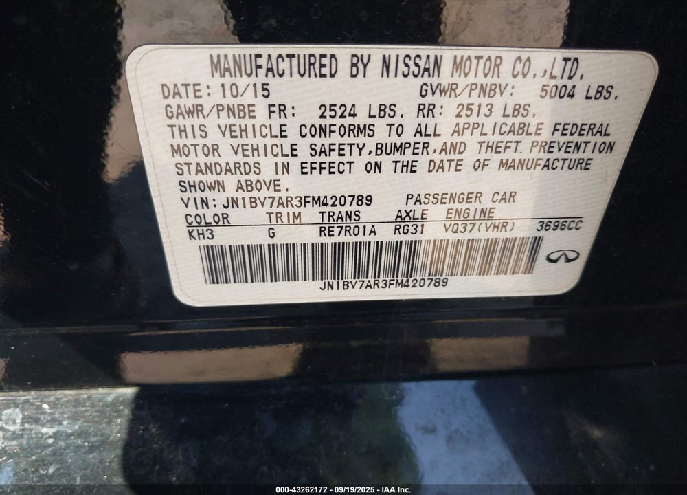 2015 INFINITI Q50 PREMIUM VIN: JN1BV7AR3FM420789