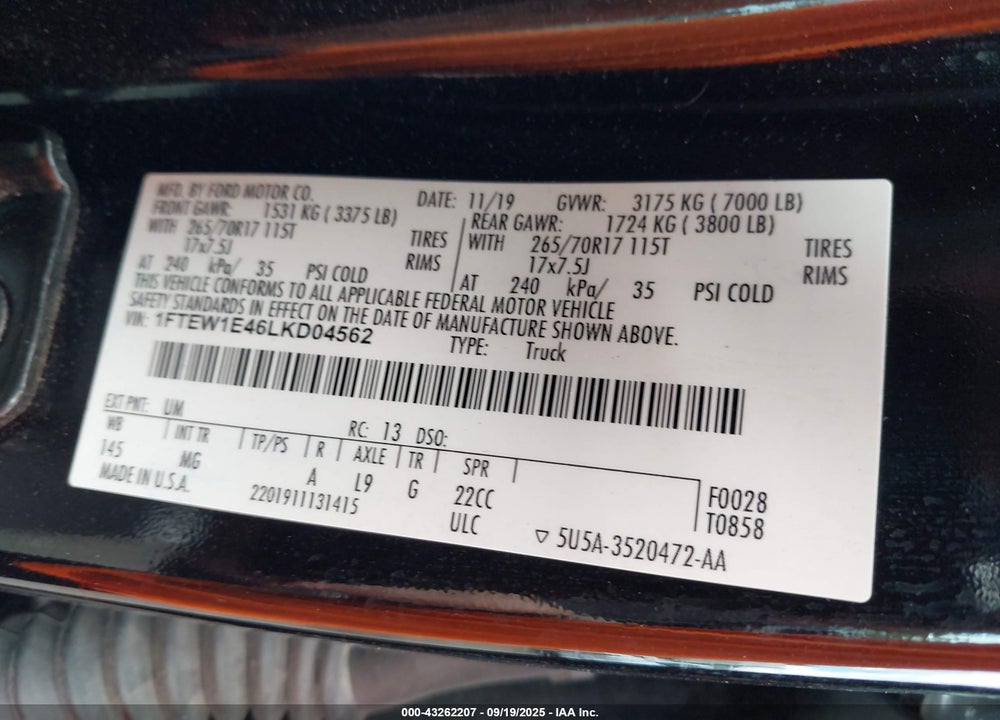 2020 FORD F-150 VIN: 1FTEW1E46LKD04562