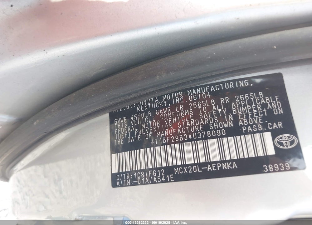 2004 TOYOTA AVALON XL VIN: 4T1BF28B34U378090