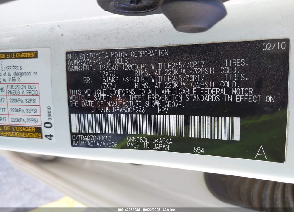 2010 TOYOTA 4RUNNER SR5 V6 VIN: JTEZU5JR8A5006246