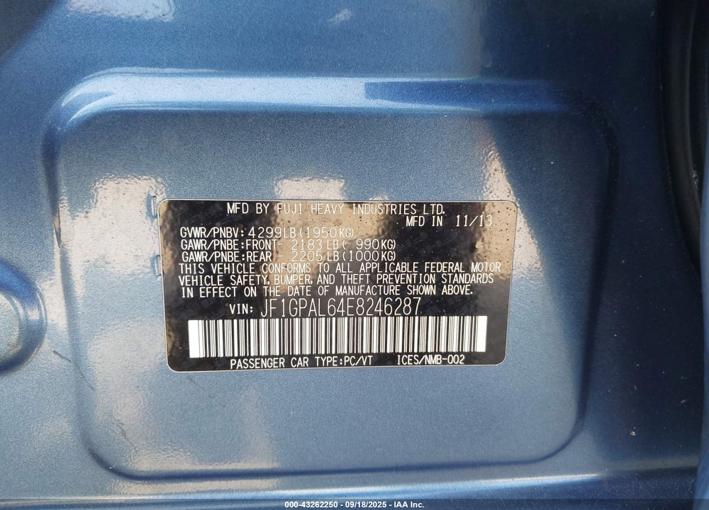 2014 SUBARU IMPREZA VIN: JF1GPAL64E8246287