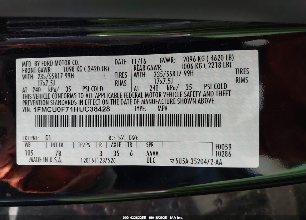 2017 FORD ESCAPE VIN: 1FMCU0F71HUC38428