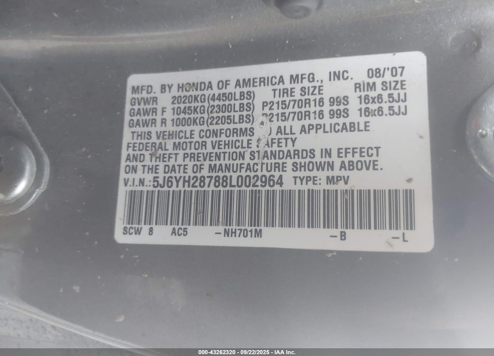 2008 HONDA ELEMENT VIN: 5J6YH28788L002964