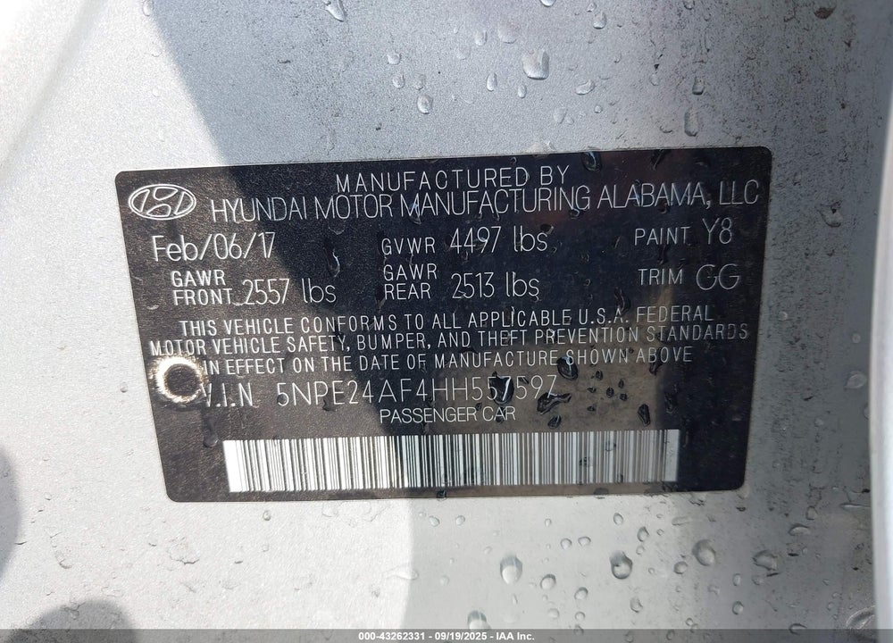 2017 HYUNDAI SONATA VIN: 5NPE24AF4HH557597