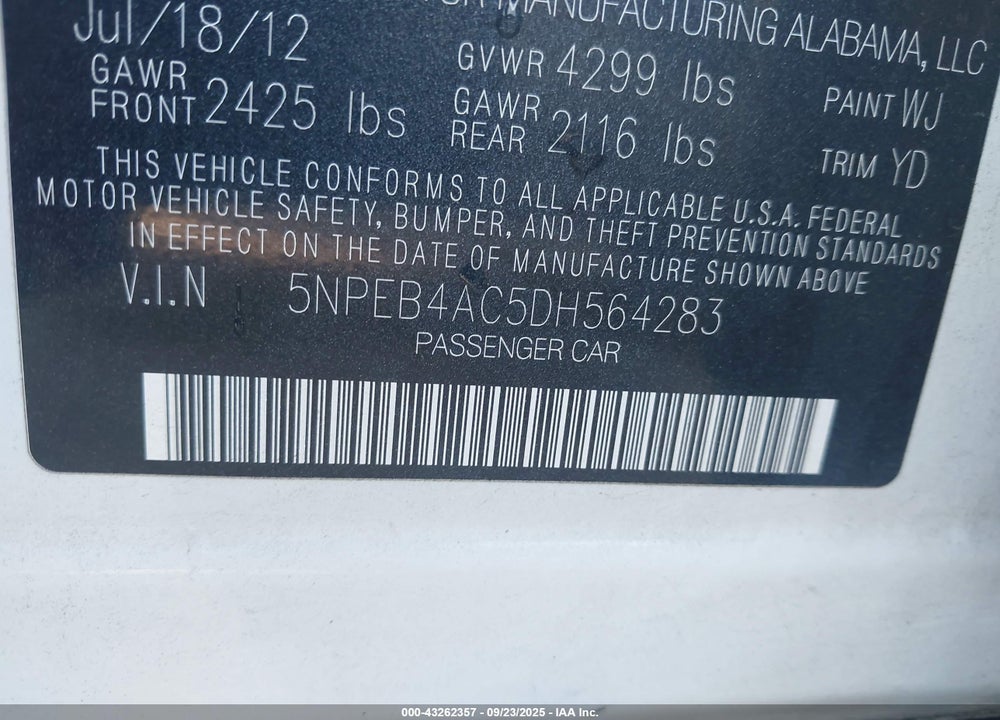 2013 HYUNDAI SONATA GLS VIN: 5NPEB4AC5DH564283