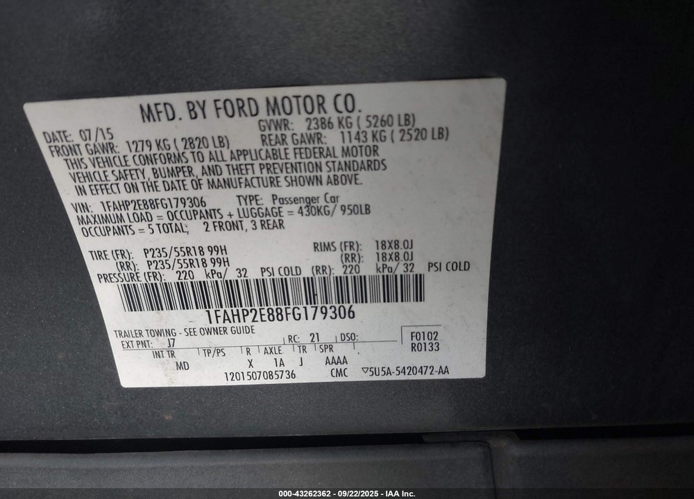 2015 FORD TAURUS SEL VIN: 1FAHP2E88FG179306