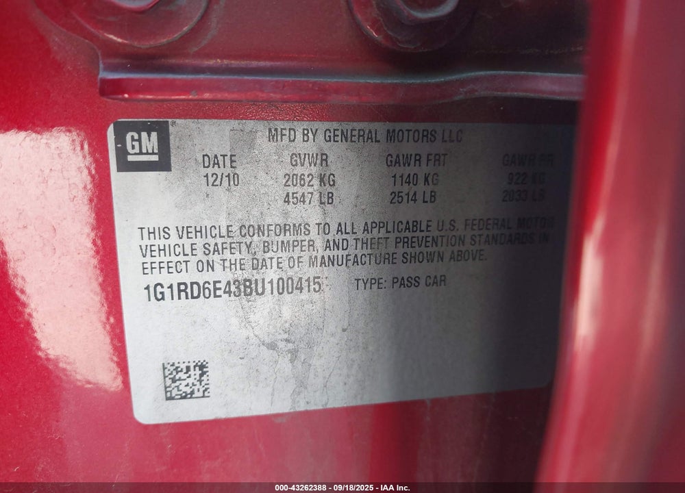 2011 CHEVROLET VOLT VIN: 1G1RD6E43BU100415