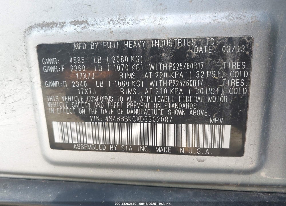 2013 SUBARU OUTBACK VIN: 4S4BRBKCXD3302087