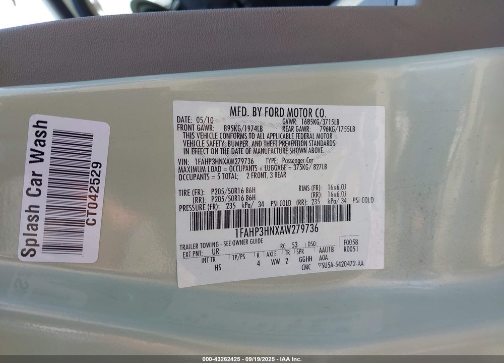 2010 FORD FOCUS SEL VIN: 1FAHP3HNXAW279736