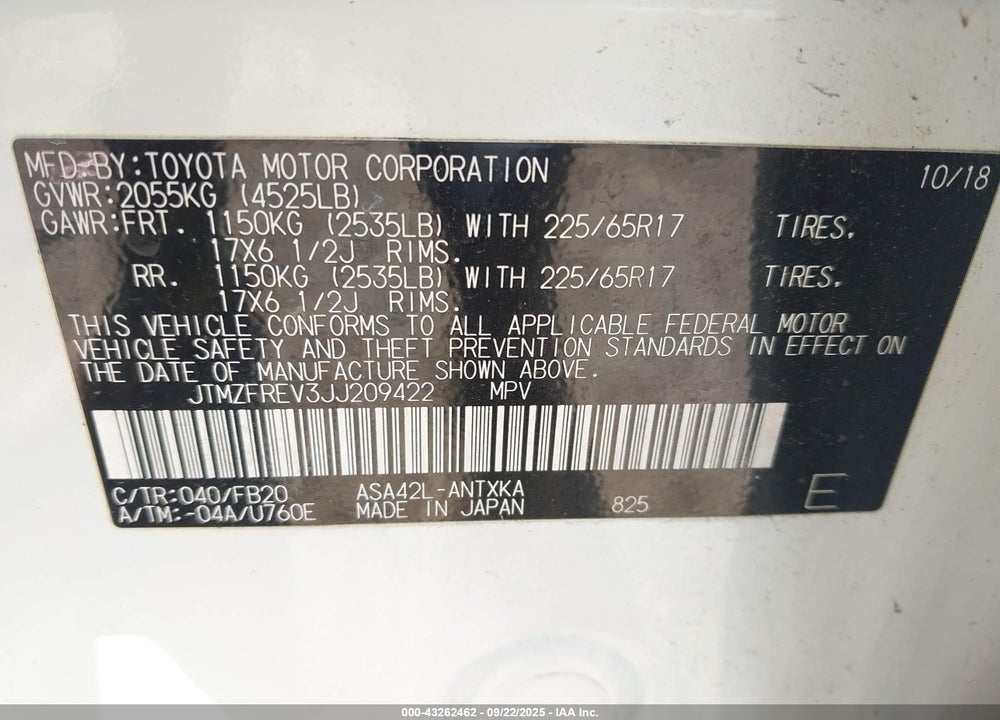 2018 TOYOTA RAV4 LE VIN: JTMZFREV3JJ209422